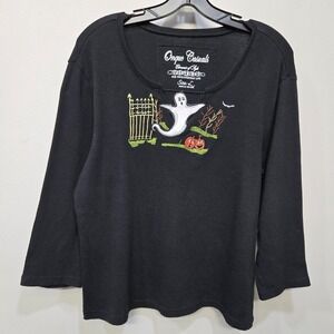 Onque Casuals Shirt Top Women Large Black Halloween Ghost Graveyard Whimsical‎